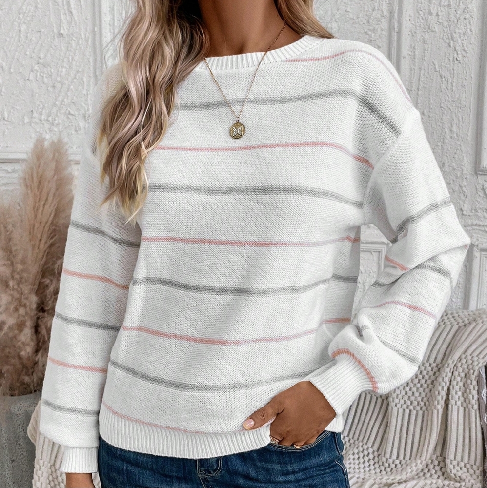 Women's Tightened Cuff Contrast Fine Striped Casual Sweater - Picture 4 of 5